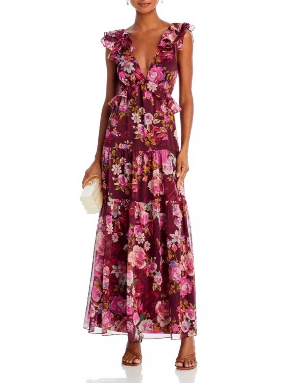 New stunning maxi dress.  Floral. Ruffles. Wines pinks.  Small